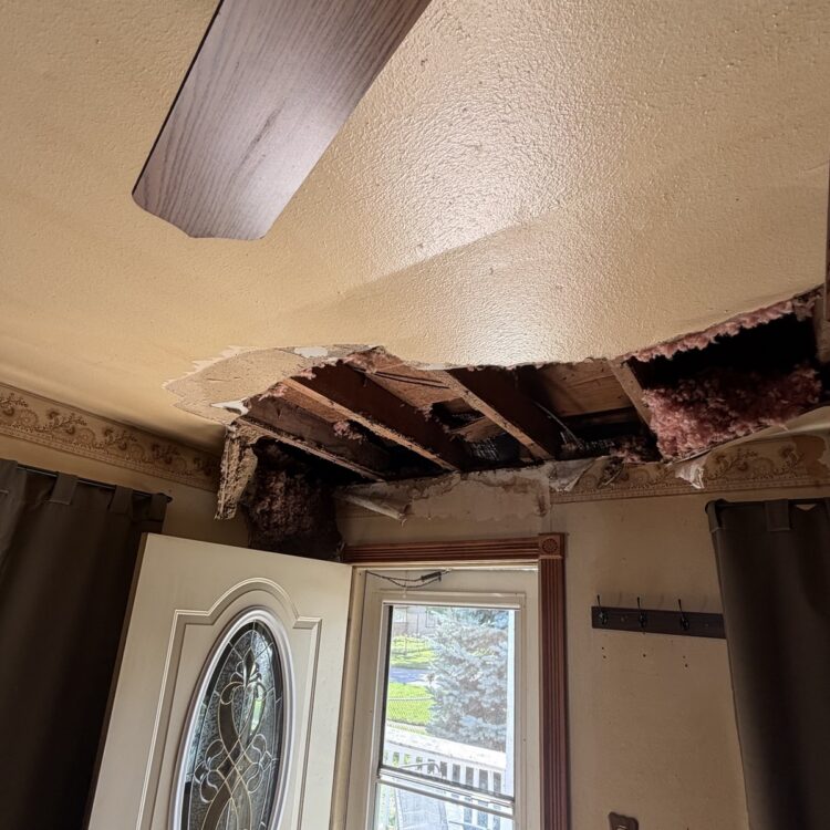 Open ceiling with exposed framing above an exterior door during a water damage assessment