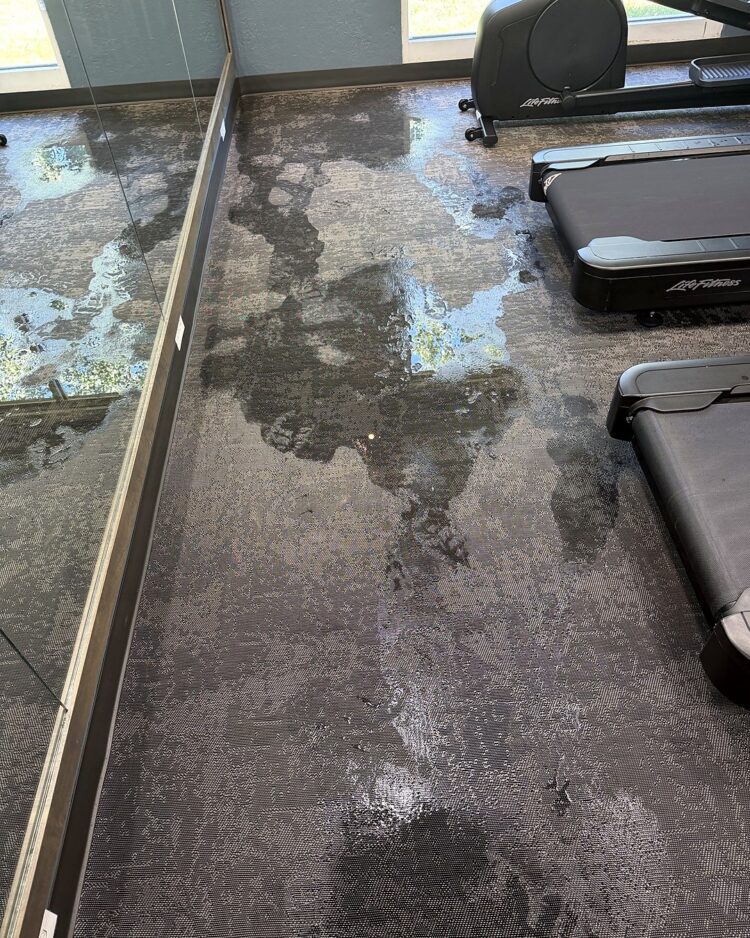 Standing water across the carpeted floor of a hotel fitness area