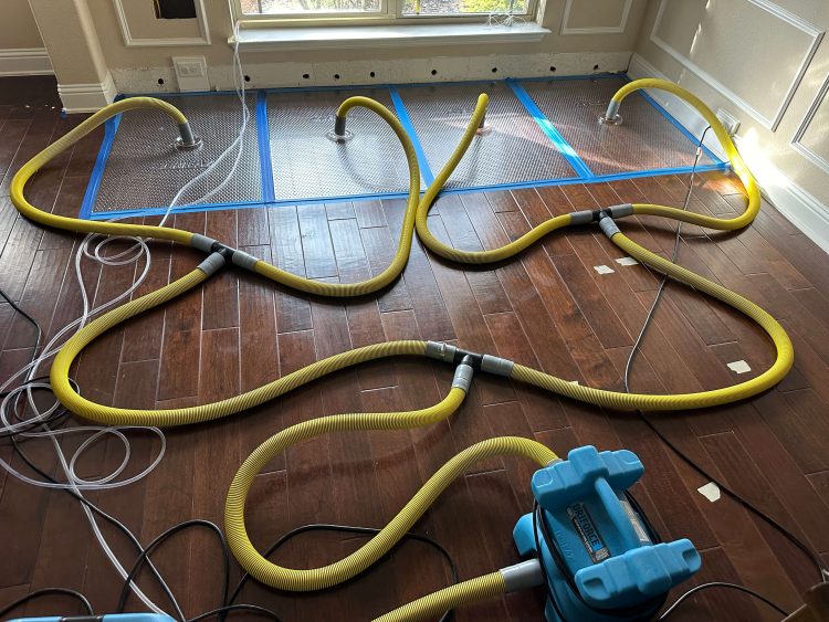 Professionals drying a floor after flooding