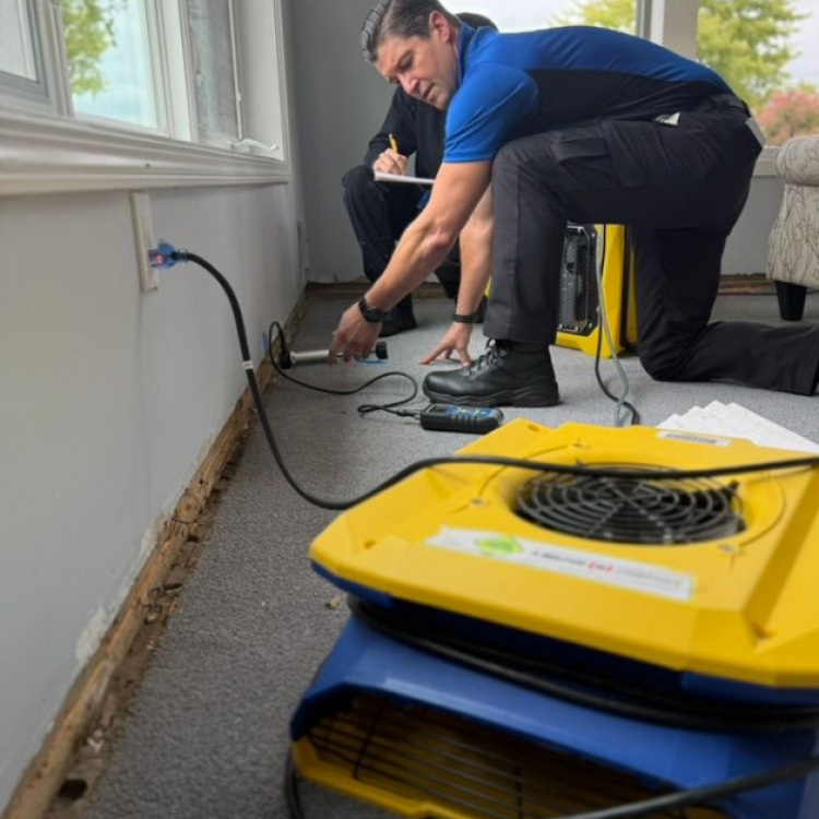 A technician from 1800 Water Damage performing work on a water damaged floor skirting, using specalized equipment