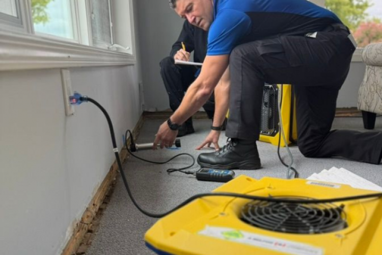 A technician from 1800 Water Damage performing work on a water damaged floor skirting, using specalized equipment