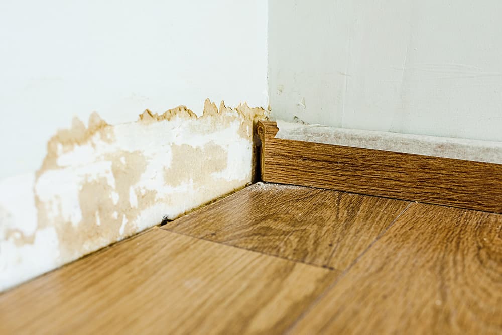 Water damage along the baseboard of a wall
