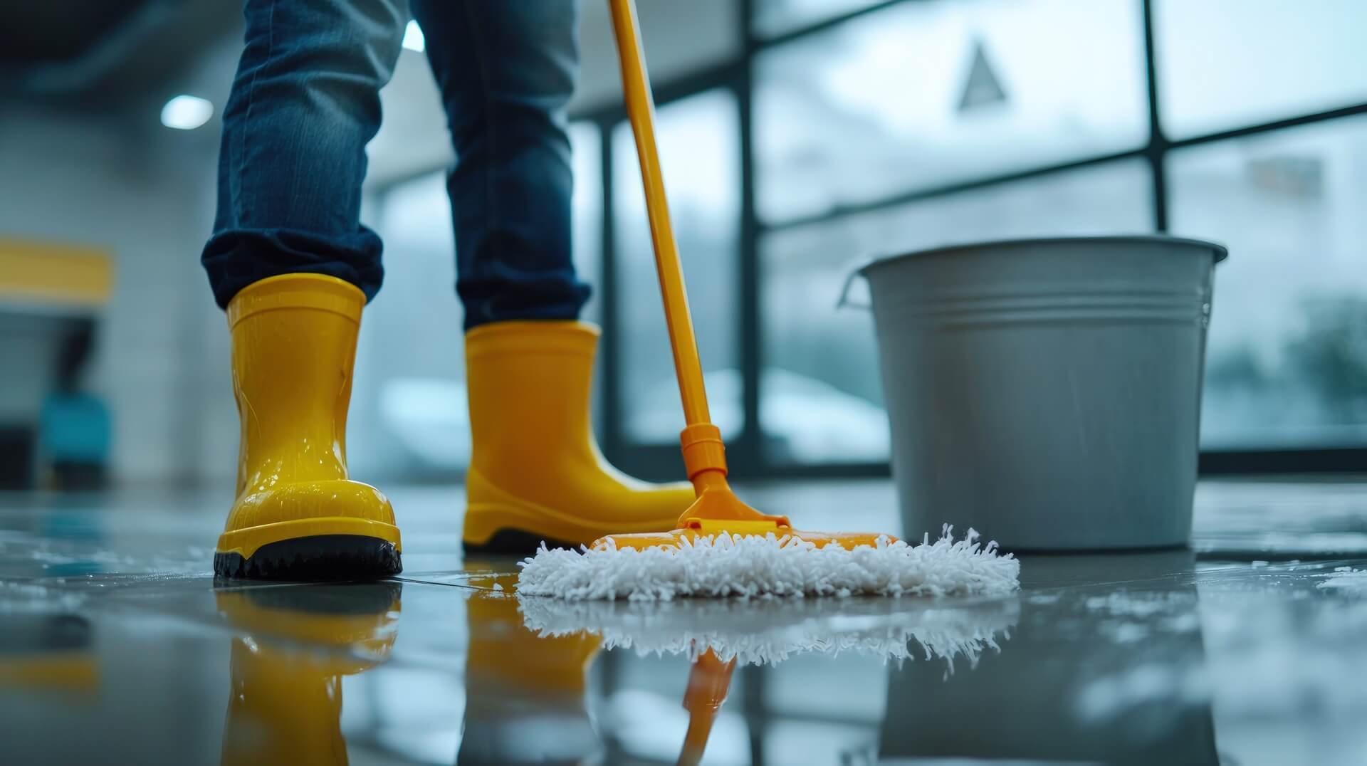 Worker mopping water from a wet floor.
