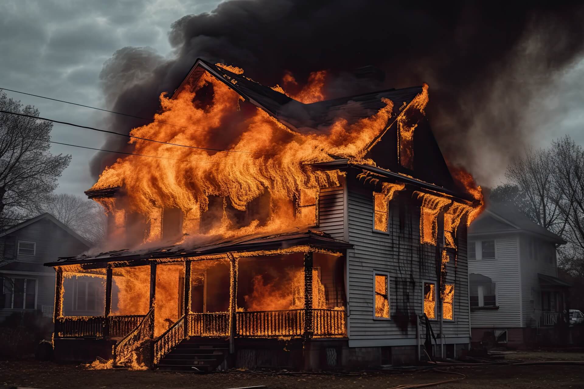 House engulfed in flames and heavy smoke.