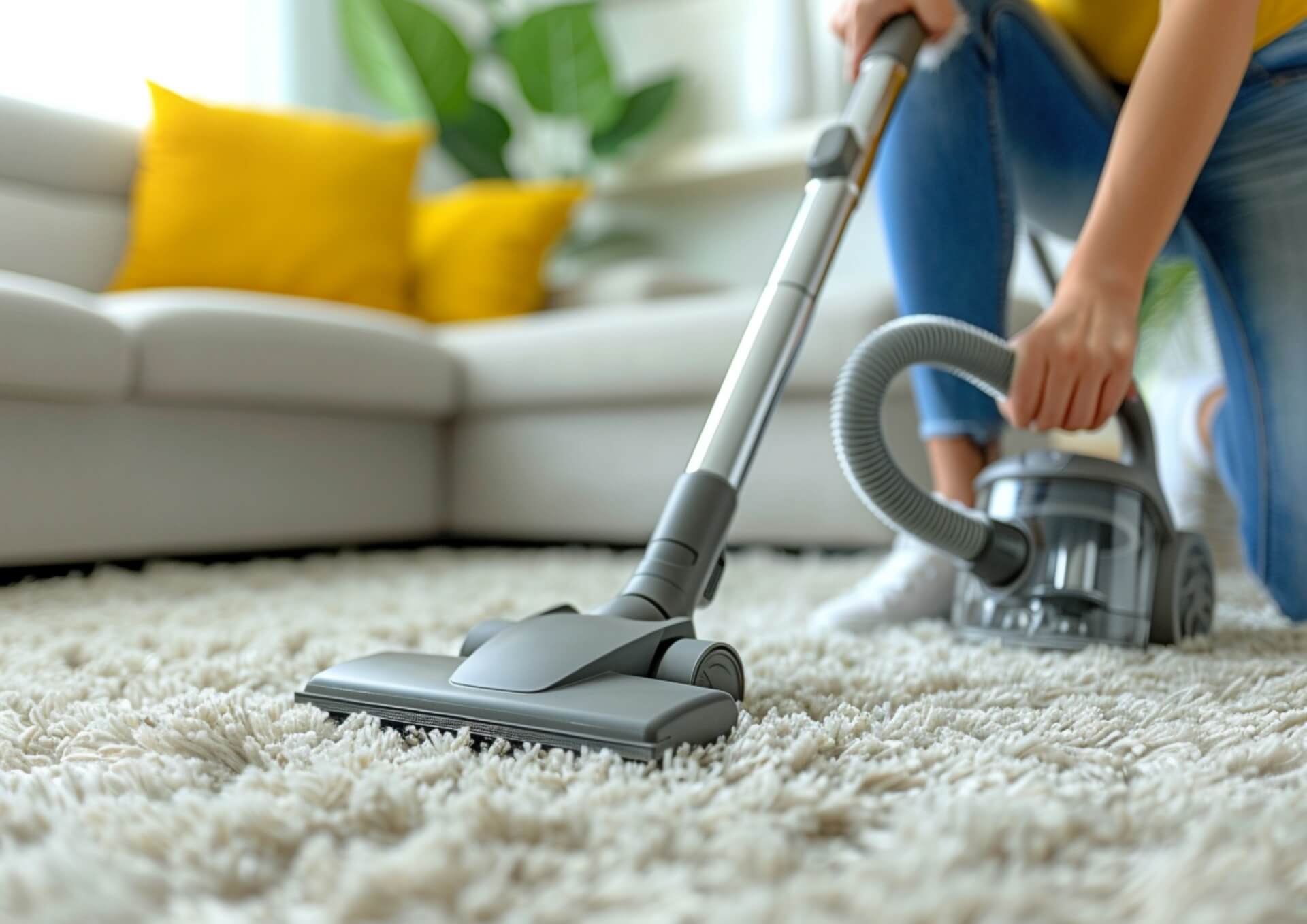 Person vacuuming a thick carpet to remove dirt and debris.