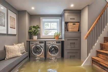 Water damage in the laundry room in the basement with mold on the damp walls (3d rendering)