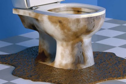 Toilet overflowing brown water onto floor