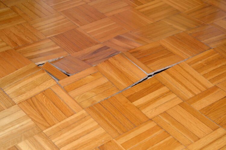 Close-up of hardwood floor planks showing signs of cupping and water damage with visible moisture stains.