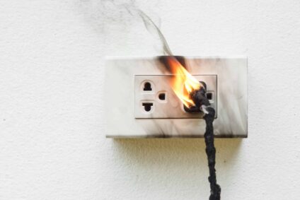 A plug on fire in an outlet